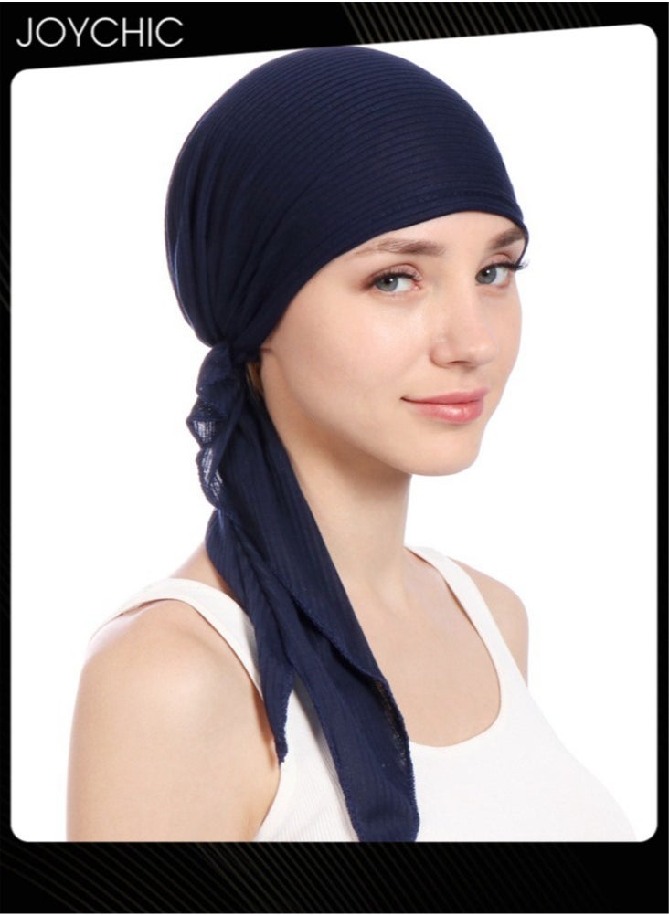 Joychic - Women's Solid Color Wrinkle Turban Cotton Chemo Hat Casual Windproof Head Scarves Slip-On Pre-Tied Hijab  for Ladies All Seasons Navy - Image 1