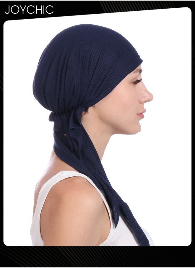 Joychic - Women's Solid Color Wrinkle Turban Cotton Chemo Hat Casual Windproof Head Scarves Slip-On Pre-Tied Hijab  for Ladies All Seasons Navy - Image 1