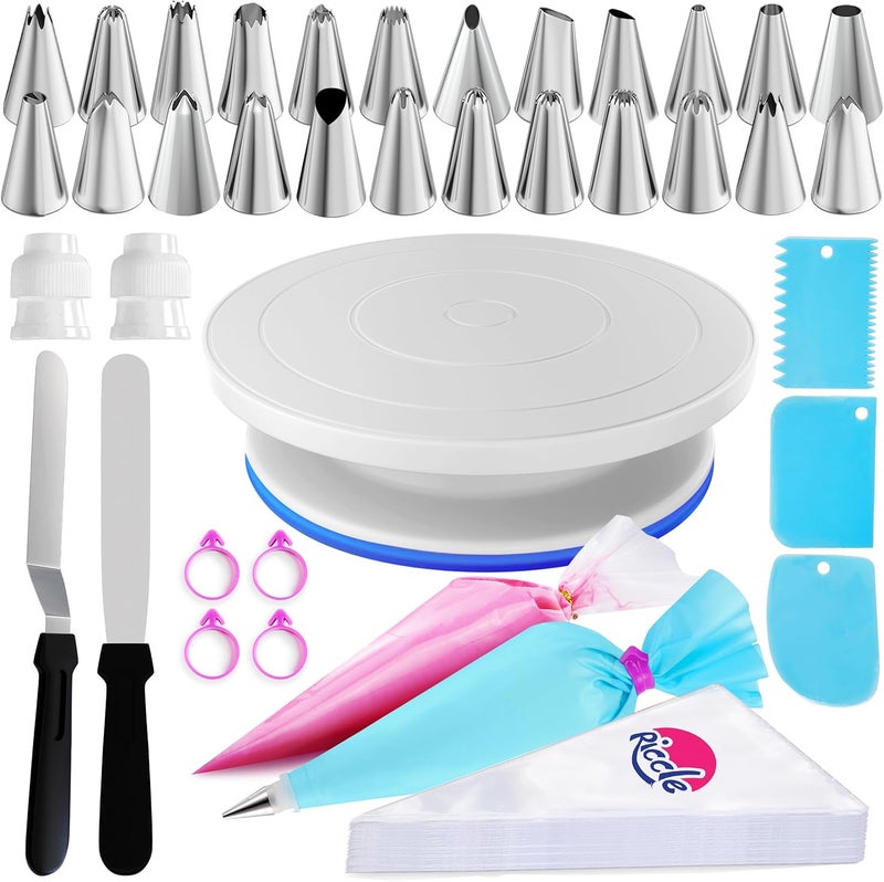 RICCLE 88 pcs Cake Decorating Kit with Blue Cake Turntable - Includes 50 Disposable + 2 Reusable Piping Bags and Tips Set, 24 Icing Piping Tips, 2 Spatulas, 3 Icing Comb Scraper (Blue) - Image 1