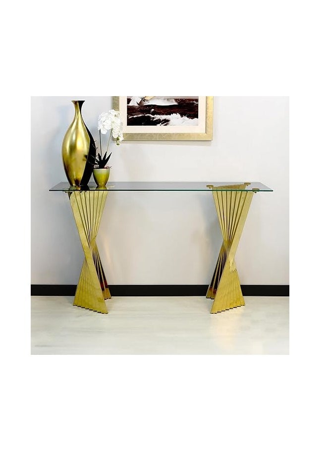 VANITY LIVING VANITY LIVING 140cm Console Table for Living Room Furniture, Narrow Hallway Table with Gold Stainless Steel Base and Clear Glass Top, Slim Entryway Table  - Image 1