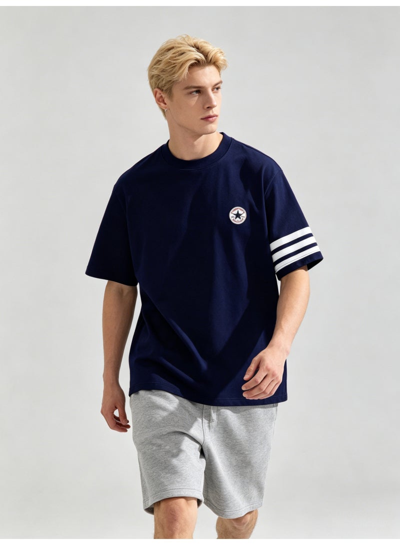كونفرس Converse Men’s Navy Crew Neck Short Sleeve T-Shirt with Circular Star Logo & Three White Sleeve Stripes - Image 3