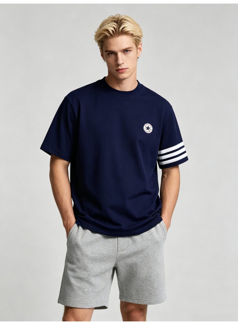 كونفرس Converse Men’s Navy Crew Neck Short Sleeve T-Shirt with Circular Star Logo & Three White Sleeve Stripes - Image 4