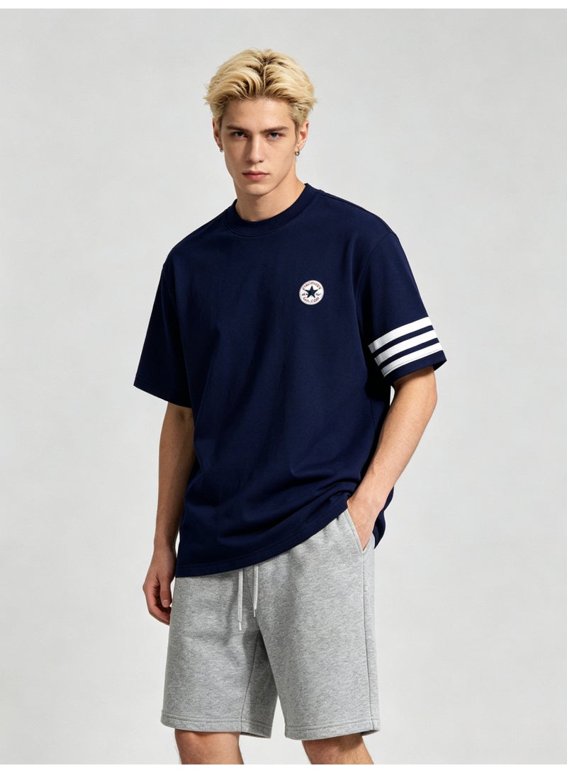 كونفرس Converse Men’s Navy Crew Neck Short Sleeve T-Shirt with Circular Star Logo & Three White Sleeve Stripes - Image 2