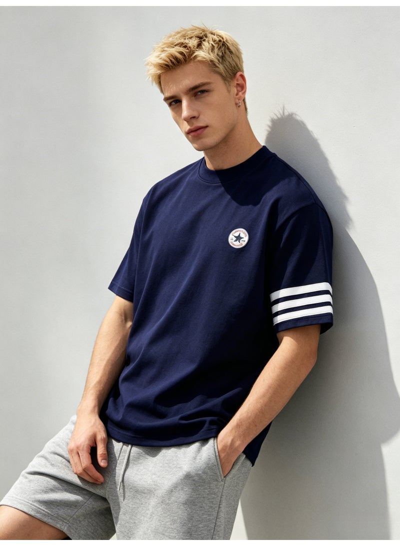 كونفرس Converse Men’s Navy Crew Neck Short Sleeve T-Shirt with Circular Star Logo & Three White Sleeve Stripes - Image 5