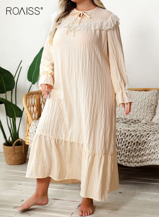 roaiss Plus Size Women's Loose-Fitting Sleep Dress Long Sleeve Crew Neck with Lace Trim and Ruffle Hem, Woven Breathable Fabric for All-Season Comfort, Elegant and Skin Friendly Nightgown for Ladies - Image 1