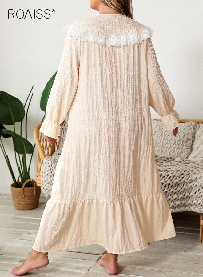 roaiss Plus Size Women's Loose-Fitting Sleep Dress Long Sleeve Crew Neck with Lace Trim and Ruffle Hem, Woven Breathable Fabric for All-Season Comfort, Elegant and Skin Friendly Nightgown for Ladies - Image 4