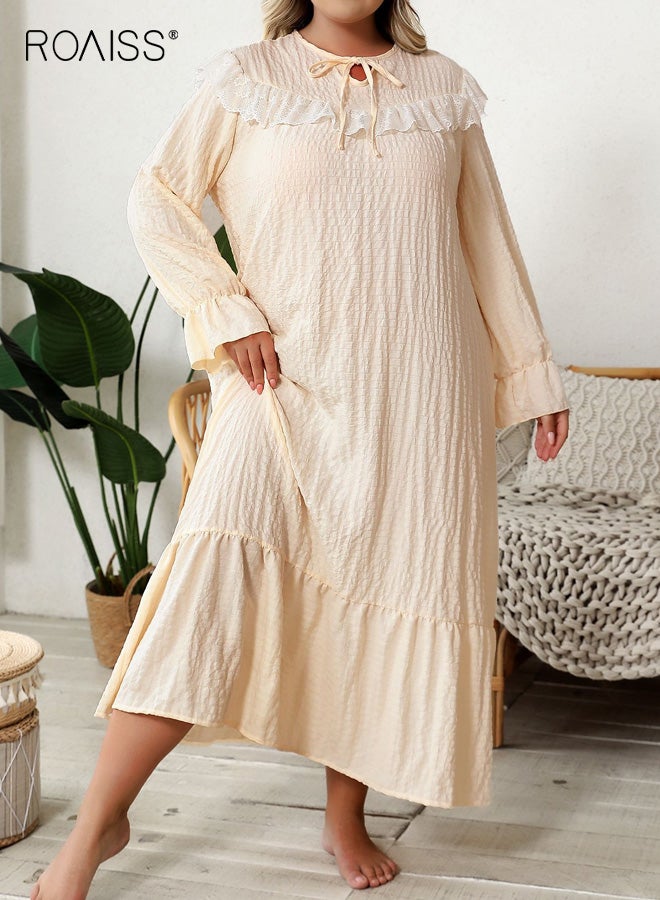 roaiss Plus Size Women's Loose-Fitting Sleep Dress Long Sleeve Crew Neck with Lace Trim and Ruffle Hem, Woven Breathable Fabric for All-Season Comfort, Elegant and Skin Friendly Nightgown for Ladies - Image 2