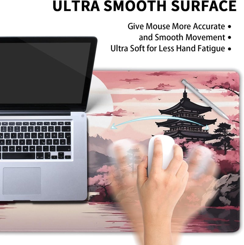 aportt Pink Japanese Sakura Gaming Mouse Pad XL Cherry Blossom Tower Mountain Landscape Extended Large Desk Mat Big Mousepad Non-Slip Rubber Base Stitched Edge Long Desk Pad for Computer Gamer,31.5×11.8 in - Image 4