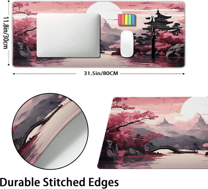 aportt Pink Japanese Sakura Gaming Mouse Pad XL Cherry Blossom Tower Mountain Landscape Extended Large Desk Mat Big Mousepad Non-Slip Rubber Base Stitched Edge Long Desk Pad for Computer Gamer,31.5×11.8 in - Image 2