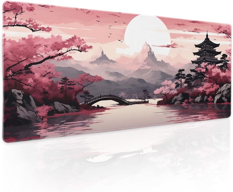 aportt Pink Japanese Sakura Gaming Mouse Pad XL Cherry Blossom Tower Mountain Landscape Extended Large Desk Mat Big Mousepad Non-Slip Rubber Base Stitched Edge Long Desk Pad for Computer Gamer,31.5×11.8 in - Image 1