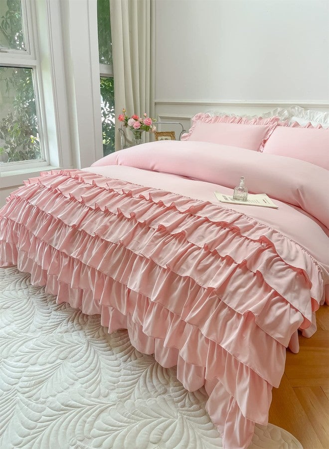 MOOWOO Girls Bedding - Waterfall Ruffle Duvet Cover - Twin 2 Piece Shabby Chic Solid Color Soft & Breathable with Zipper Closure & Corner Ties, Aesthetic Pink - Image 3