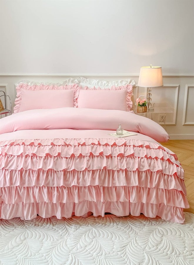 MOOWOO Girls Bedding - Waterfall Ruffle Duvet Cover - Twin 2 Piece Shabby Chic Solid Color Soft & Breathable with Zipper Closure & Corner Ties, Aesthetic Pink - Image 4
