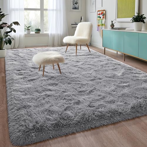 DweIke Extra Grey 9x12 ft Black Area Rugs for Bedroom Living Room Fluffy Soft Plush Shaggy Light Gray Girls Boys Kids Rug NonSlip and Machine Washable Carpet for Rooms Decor - Image 3