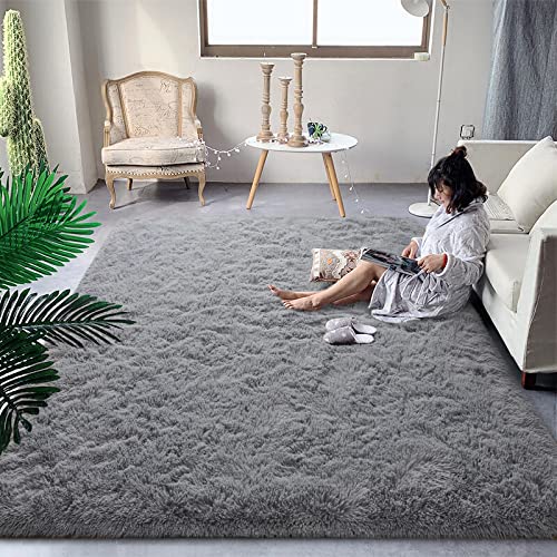 DweIke Extra Grey 9x12 ft Black Area Rugs for Bedroom Living Room Fluffy Soft Plush Shaggy Light Gray Girls Boys Kids Rug NonSlip and Machine Washable Carpet for Rooms Decor - Image 1