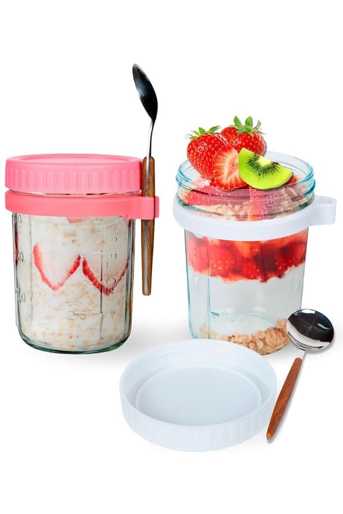 بيلسبيري عبوتان من مرطبانات الشوفان - تخزين طعام زجاجي سعة 350 مل مع أغطية وملعقة محكمة الغلق، مثالية لإعداد الوجبات - Image 1