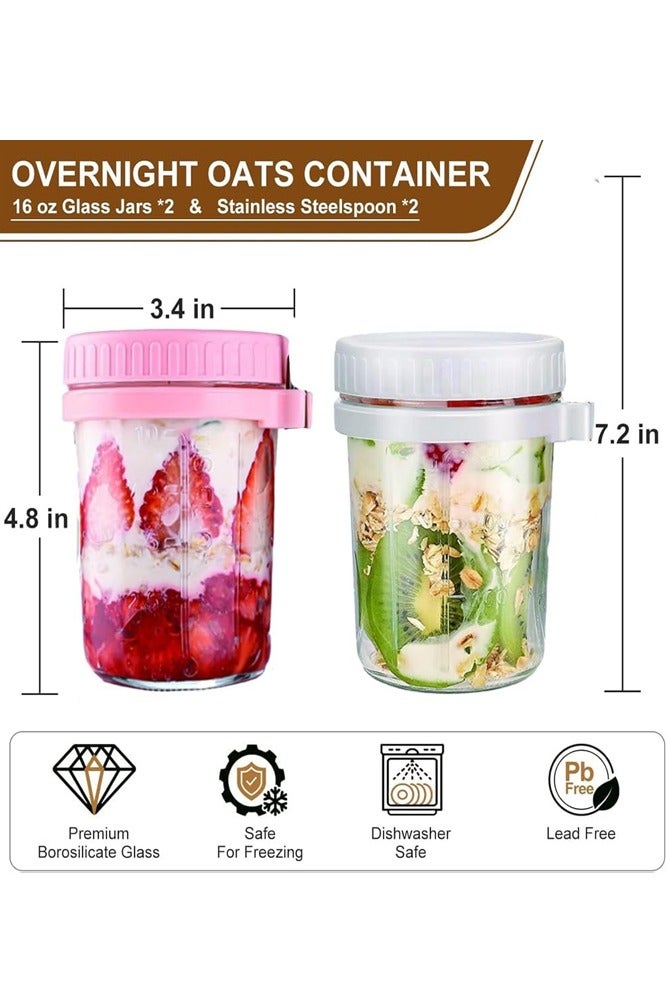 بيلسبيري عبوتان من مرطبانات الشوفان - تخزين طعام زجاجي سعة 350 مل مع أغطية وملعقة محكمة الغلق، مثالية لإعداد الوجبات - Image 2