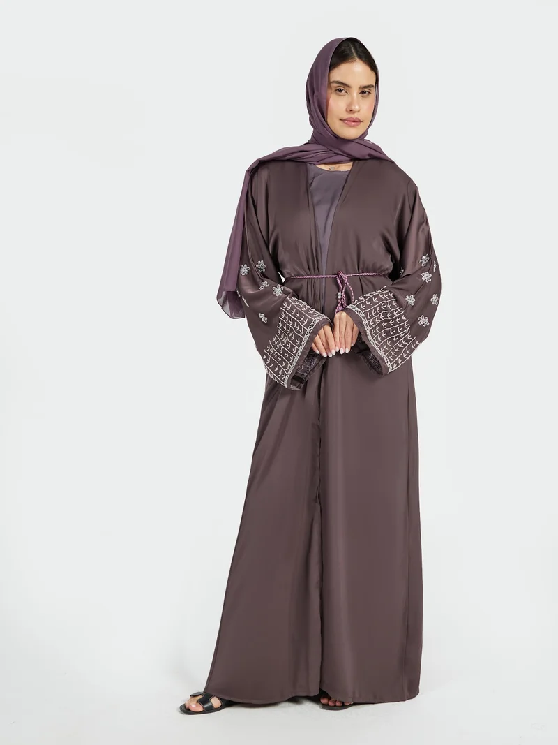 عباءات ريم Mauve-Brown Embroidered Abaya with Intricate Cuff Detail