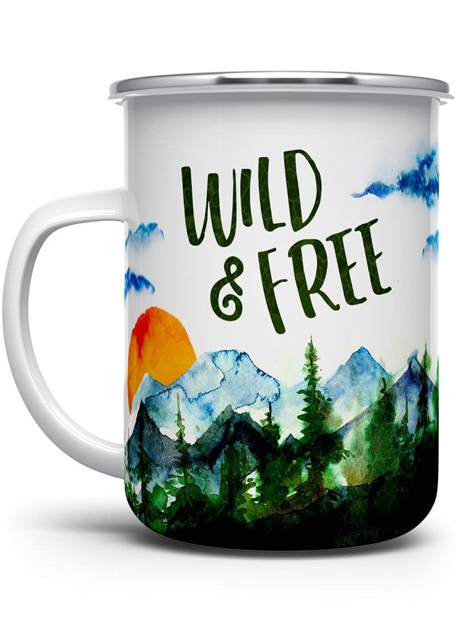 Loftipop Wild and Free Enamel Campfire Mug, Outdoor Adventure Enthusiast Camping Coffee Cup, Wanderlust Mountain Nature Hiking Camp Lover Gift (12oz) - Image 1