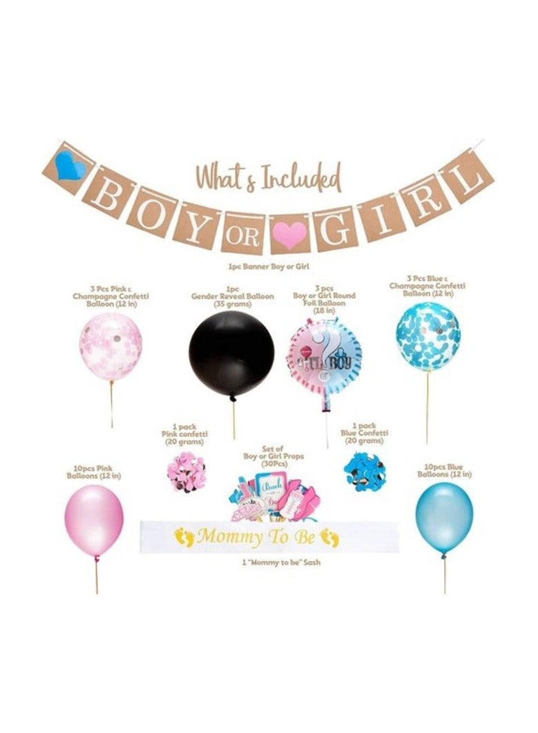 بروماس مجموعة لوازم الحفلات وحفلات استقبال المولود الجديد من بروماس (64 قطعة) - تتضمن بالون كاشف مقاس 91.44 سم، وبالونات قصاصات ورقية، ولافتة، ودعائم للصور والمزيد - Image 2