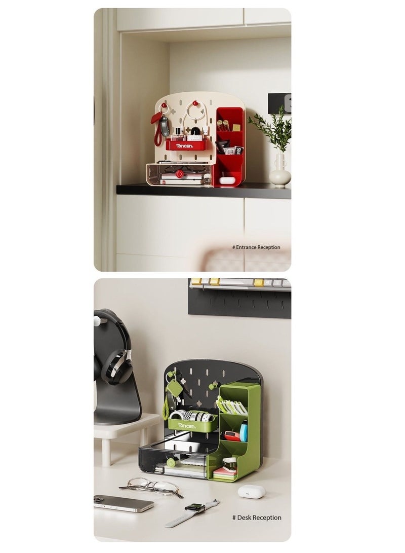 Desktop Storage Box - Multi-Functional Display Shelf with Pegboard, Drawer & Slanted Open Grids - Stationery & Cosmetic Organizer for Office/Home - Large Capacity DIY Desk Rack with Perforated Board（White）  - Image 5