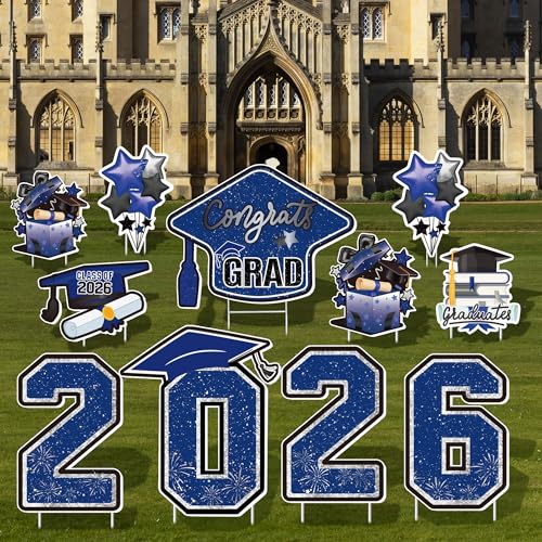 Vivantia Large 11 PCS Graduation Yard Signs, Class of 2026 Congrats Grad Outdoor Lawn Yard Sign with Stakes, Graduate Yard Decorations for College High School Party, Black and Blue - Image 5