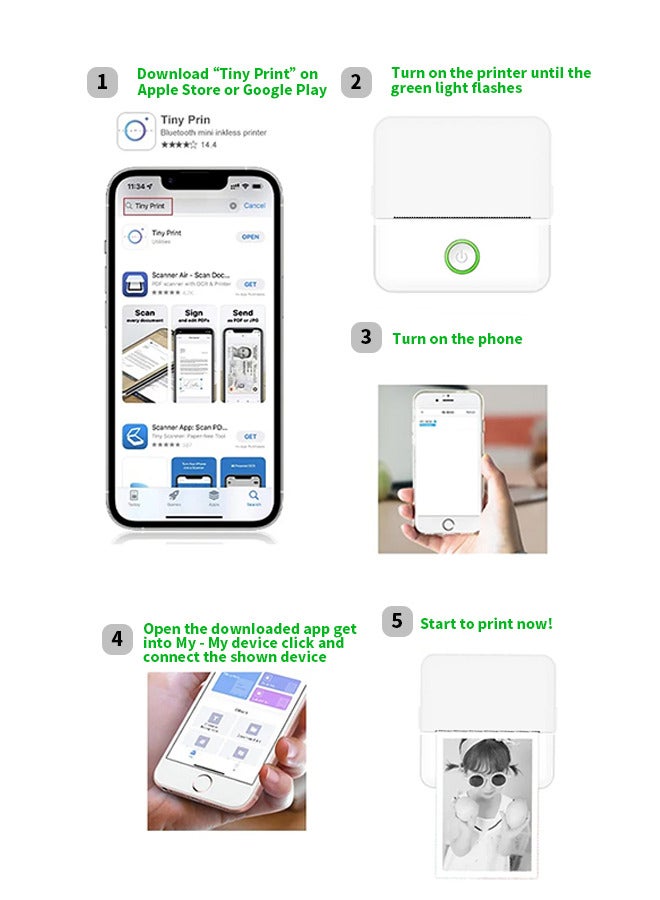 Photo Printer Thermal Portable Mini Printer, Inkless Sticker Maker, Pocket Bluetooth Thermal Printer with One Roll of Printing Paper, Compatible with Android and iOS for Photo Labels Diary Notes Memo - Image 4