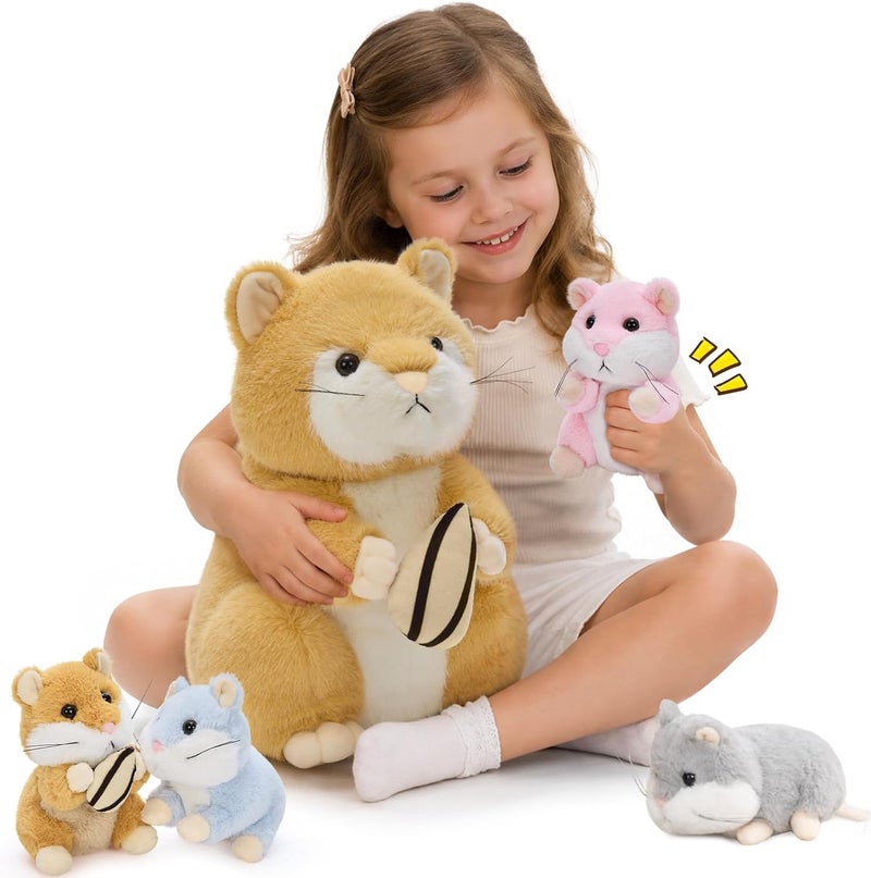 MorisMos Realistic Hamster Stuffed Animal with 4 Surprise Squeaky Babies - 13" Mama Plush Hamster Toy for Kids Girls Boys Birthday Christmas, Educational Family Role Play Gift for Birthday Christmas - Image 1