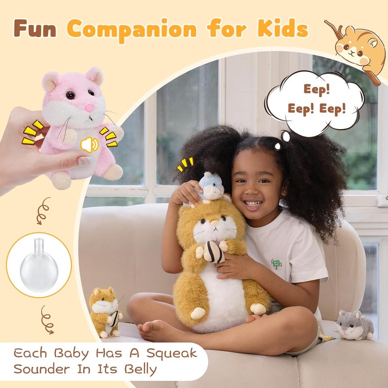 MorisMos Realistic Hamster Stuffed Animal with 4 Surprise Squeaky Babies - 13" Mama Plush Hamster Toy for Kids Girls Boys Birthday Christmas, Educational Family Role Play Gift for Birthday Christmas - Image 3