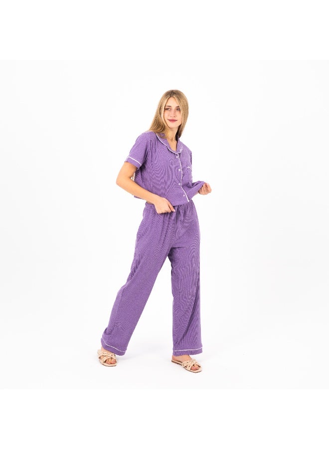 زيكوتكس  طقم بيجامة قطنية كلاسيكية نسائية / بلوزة بأكمام قصيرة وأزرار وبنطلون طويل / ملابس نوم صيفية ناعمة ومريحة - Image 3