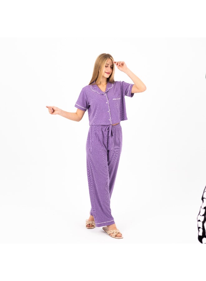 زيكوتكس  طقم بيجامة قطنية كلاسيكية نسائية / بلوزة بأكمام قصيرة وأزرار وبنطلون طويل / ملابس نوم صيفية ناعمة ومريحة - Image 4