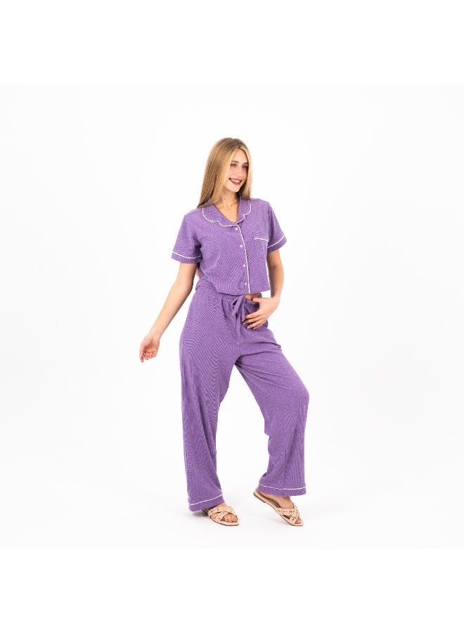 زيكوتكس  طقم بيجامة قطنية كلاسيكية نسائية / بلوزة بأكمام قصيرة وأزرار وبنطلون طويل / ملابس نوم صيفية ناعمة ومريحة - Image 1