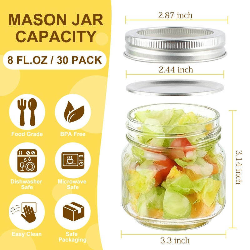 Comrzor 30 Pack Mason Jars 8 oz with Regular Lids and Bands, Small Mason Jars, Half Pint Canning Jars for Jelly Jam Honey DIY Crafts - Image 2
