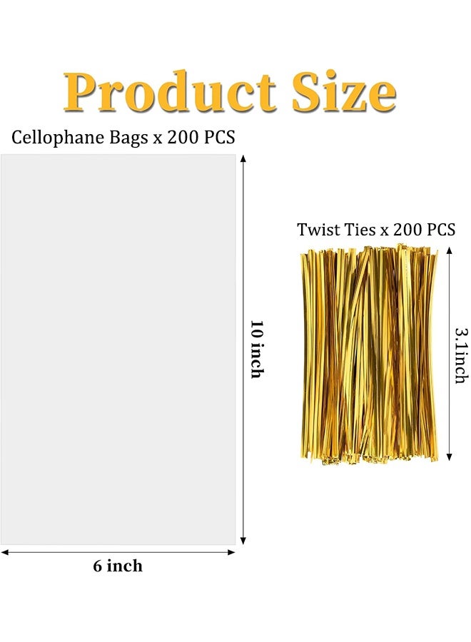 أكياس السيلوفان عبوة من 200 كيس هدايا شفاف وأكياس حلوى السيلوفان مع أربطة مقاس 6 × 10 بوصة كيس حلوى بلاستيكي صغير من السيلوفان لهدايا الحفلات وهدايا عيد الفصح وكعكات التخرج ولفائف الفشار للمخبوزات - Image 2