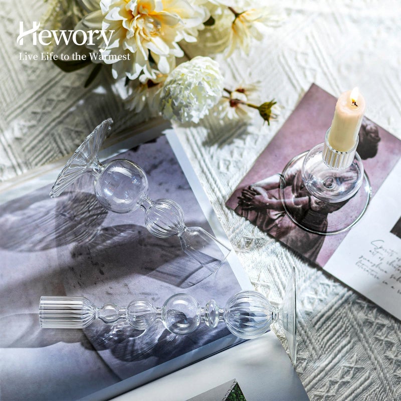 Hewory Glass Candlestick Holders Set: 3PCS Clear Candle Holder Taper Candle Holders Bulk, Crystal Ribbed Candle Sticks Holder Decor for Table Centerpiece Wedding Christmas Thanksgiving Dinner - Image 3