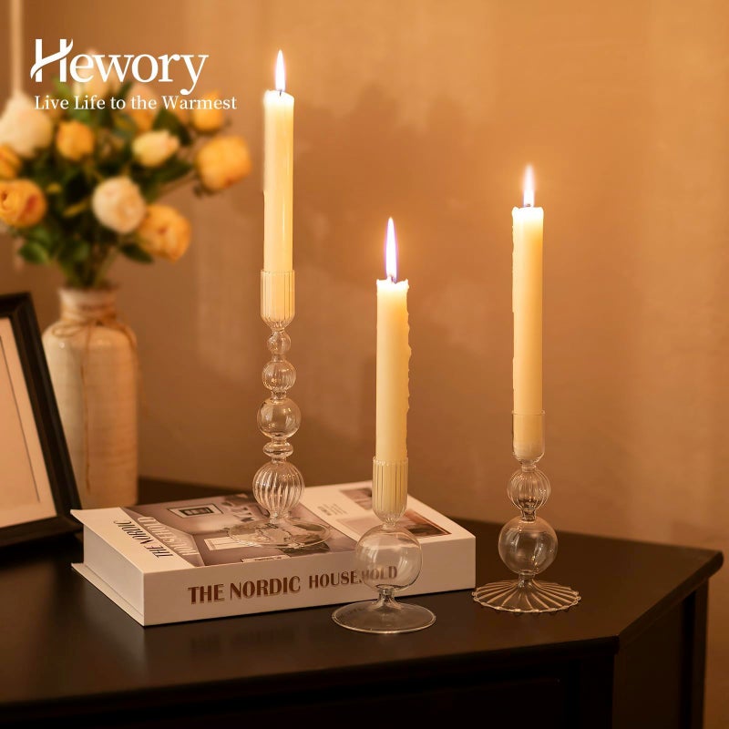 Hewory Glass Candlestick Holders Set: 3PCS Clear Candle Holder Taper Candle Holders Bulk, Crystal Ribbed Candle Sticks Holder Decor for Table Centerpiece Wedding Christmas Thanksgiving Dinner - Image 2