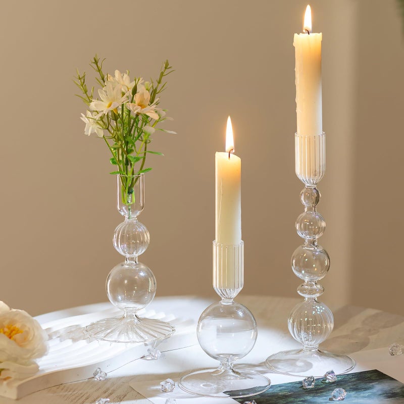 Hewory Glass Candlestick Holders Set: 3PCS Clear Candle Holder Taper Candle Holders Bulk, Crystal Ribbed Candle Sticks Holder Decor for Table Centerpiece Wedding Christmas Thanksgiving Dinner - Image 1