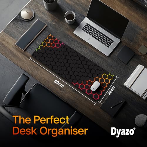 Dyazo Hexagonal Pattern Desk Mat | Water-Resistant Anti-Slip Desk Pad | Extended Gaming Mouse Pad with Rubber Stitched Edges (800mm x 300mm x 3mm) for Laptop & Computer – Black & Orange - Image 2