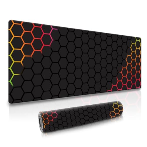 Dyazo Hexagonal Pattern Desk Mat | Water-Resistant Anti-Slip Desk Pad | Extended Gaming Mouse Pad with Rubber Stitched Edges (800mm x 300mm x 3mm) for Laptop & Computer – Black & Orange - Image 1