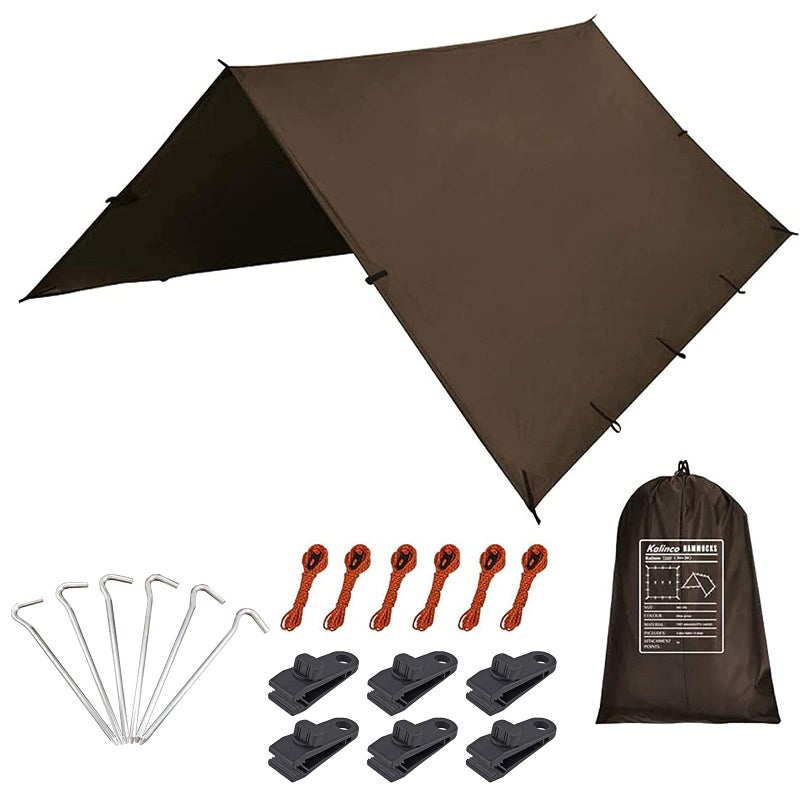 KALINCO Camping Tarp Waterproof 10X12FT Hammock Rain Fly Tarp Tent Multifunctional Tent Footprint Lightweight and Compact for Backpacking Hiking Coffee10X12FT