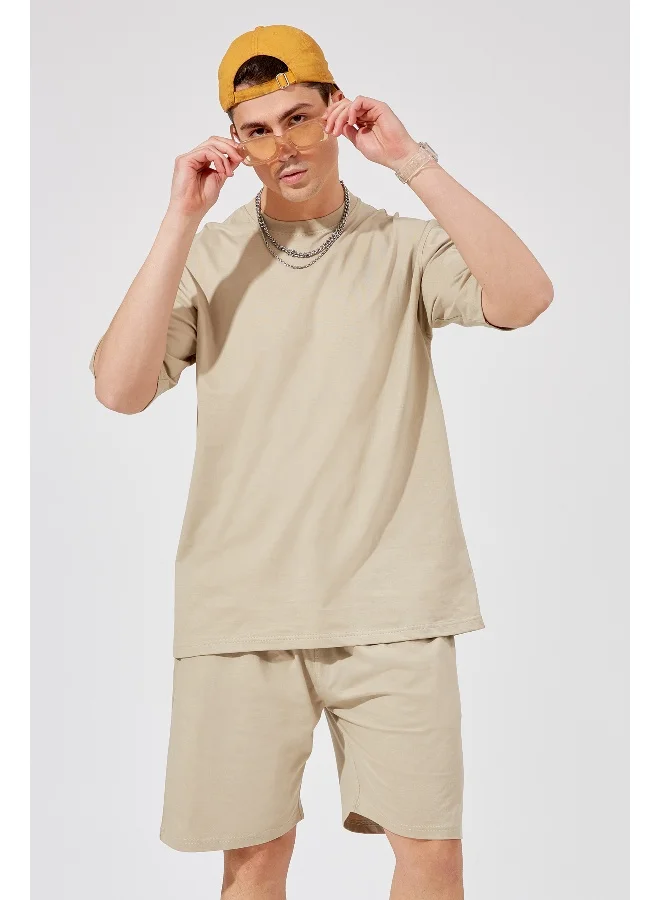 Maniac Maniac Mens Solid Round Neck Half Sleeve Biscut Color Tshirt and Biscut Short Cotton Slim Fit Tracksuit