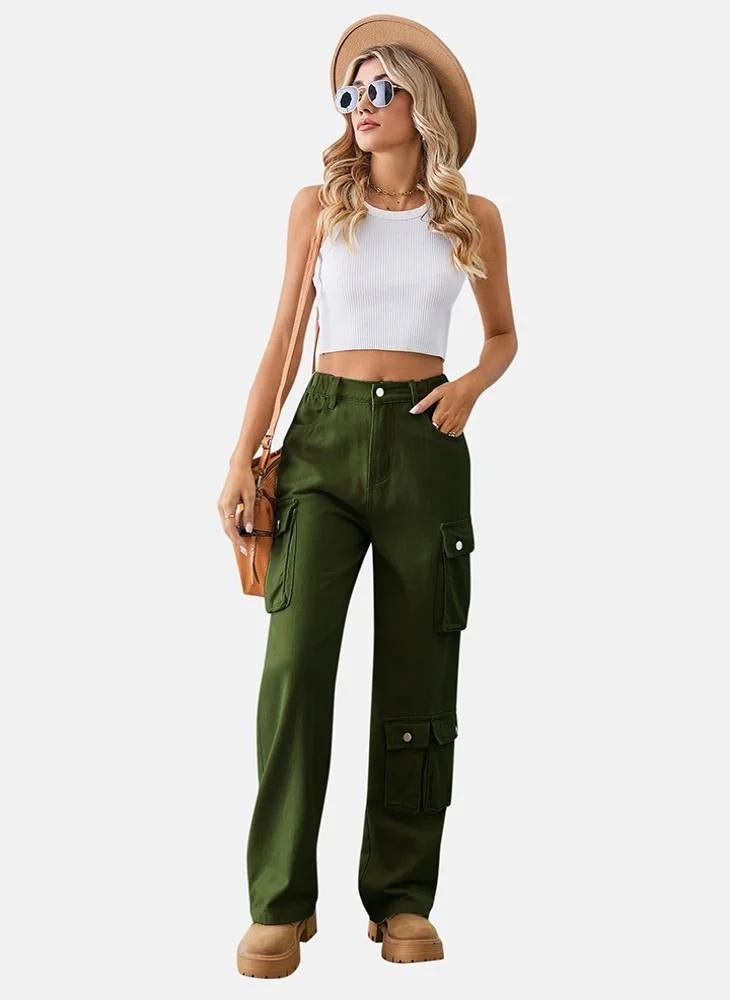 YUNIQEE Green Regular Fit Mid Rise Plain Cargo Pant