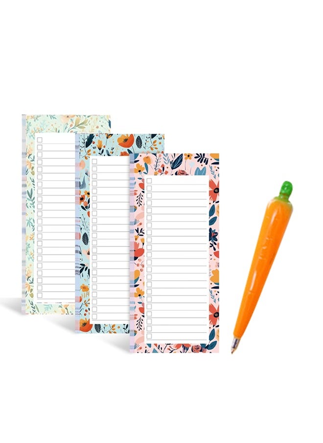 spa luxetique Magnetic Tear-Off Notepad Set with Carrot Pen - 3 Floral Mini Notebooks (Pink, Blue, Green) | Reusable Sticky Back, 50 Pages Each, Easy to Rip & Organize  - Image 1
