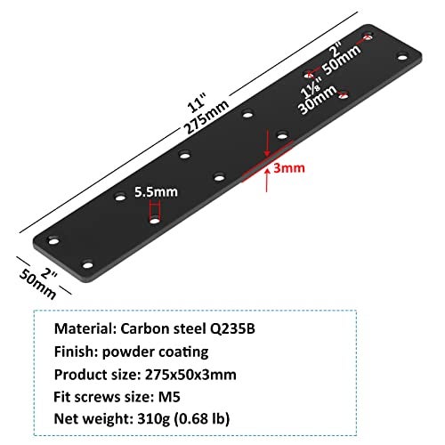 MOUNTAIN_ARK 6 Pack 11" x 2" Black Flat Mending Plate, Metal Steel Straight Joint Repair Fixing Bracket Connector for Wood Furniture , 11 Gauge - Image 2