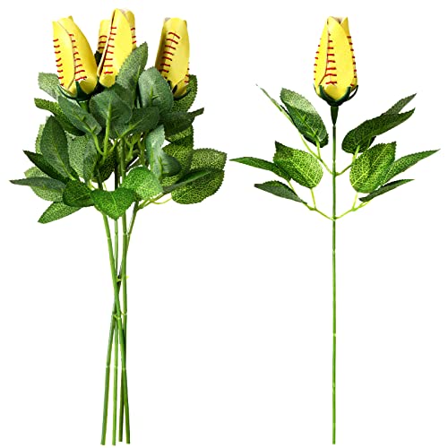 Cindeer 4 Pieces Softball Rose Sport Roses Softball Senior Gifts Bouquet Decorations Yellow Artificial Flowers