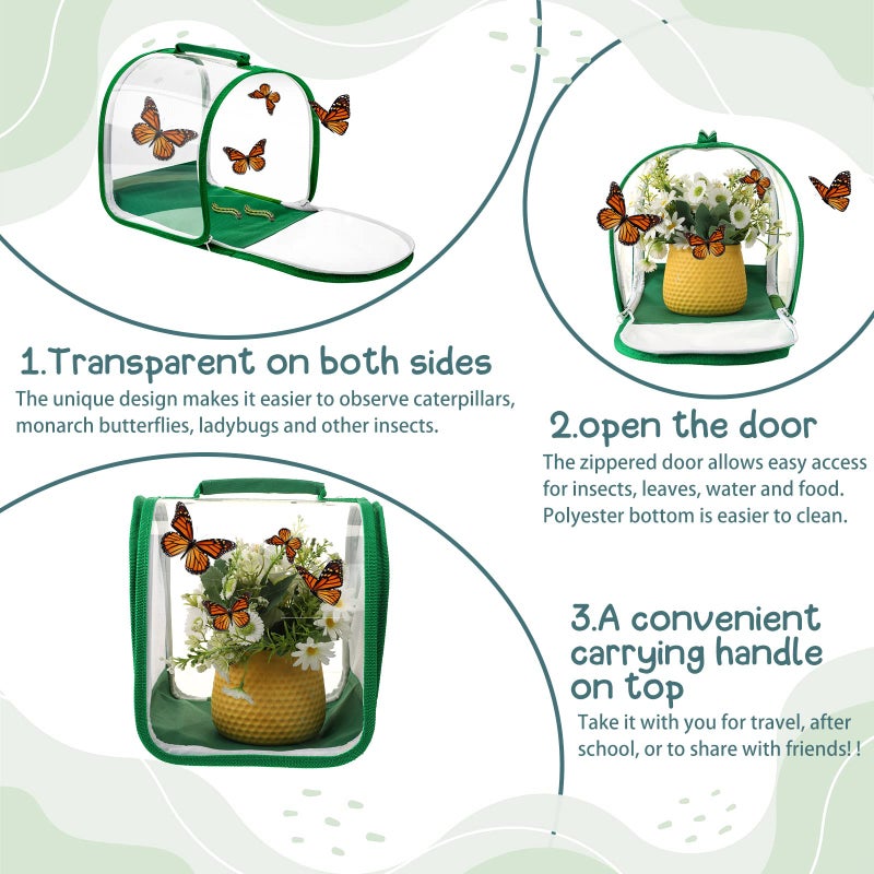 Sratte 3 Pieces Small Butterfly Habitat Insect Mesh Cage Caterpillar Enclosure Bug Terrarium with Carrying Handle for Observing Caterpillars, Monarch Butterflies, Ladybugs and Other Insects, 8 x 8 x 8 Inch - Image 4