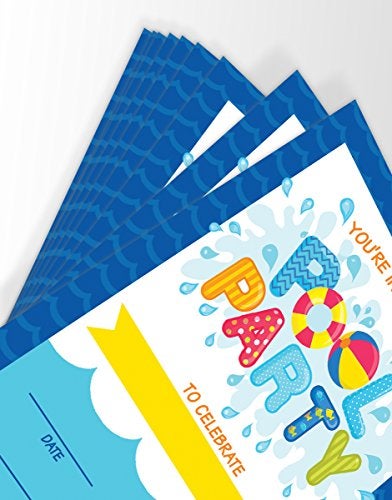 Printed Party Kids Birthday, Pool Party, 16 Invitations and Envelopes - Image 3