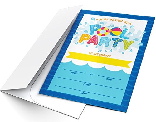 Printed Party Kids Birthday, Pool Party, 16 Invitations and Envelopes - Image 2