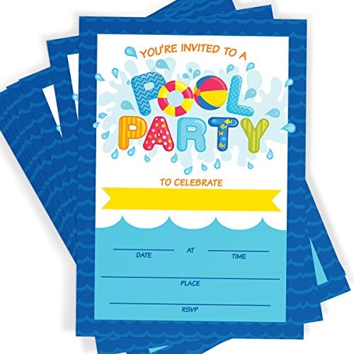 Printed Party Kids Birthday, Pool Party, 16 Invitations and Envelopes - Image 1