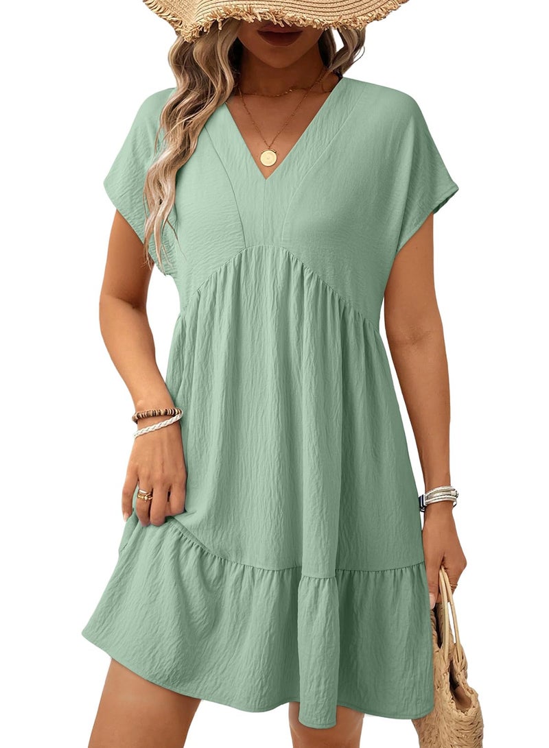 Acelitt Women's Summer Dresses 2026 Beach Casual Deep V Neck Loose Sundress Short Sleeve Mini Dress with Pockets Vacation Outfits Green Large - Image 1