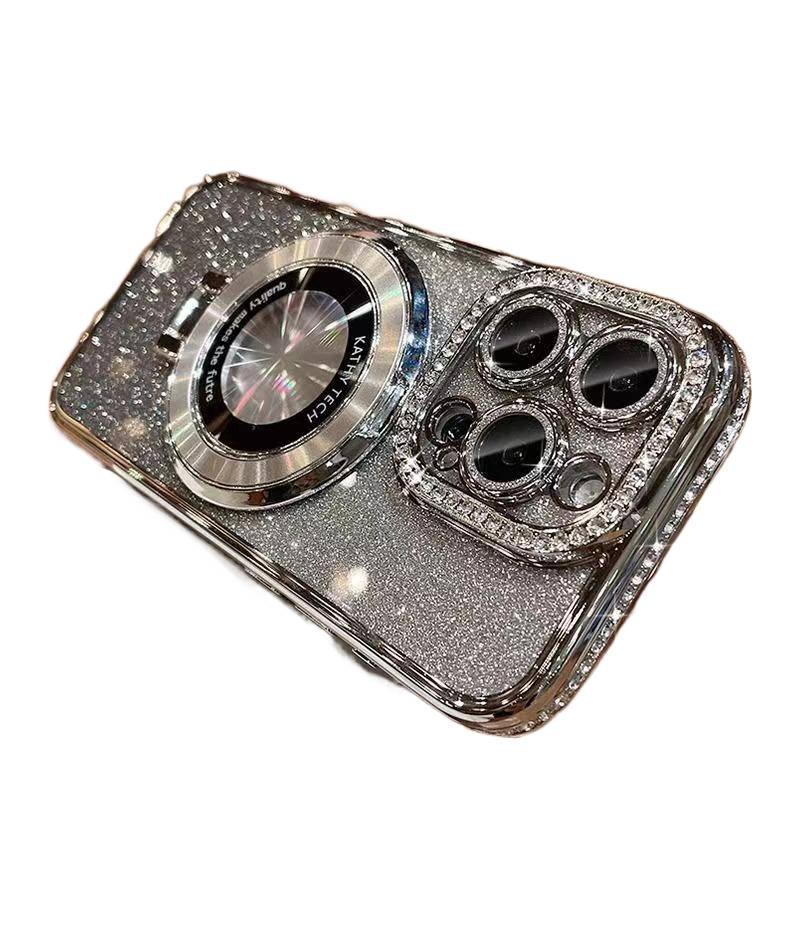 LS TPU MagSafe Case for iPhone 11 Pro Max with Kickstand and Strong Magnetic plus Sparkly Rhinestone plus Mirror in Silver - Image 1